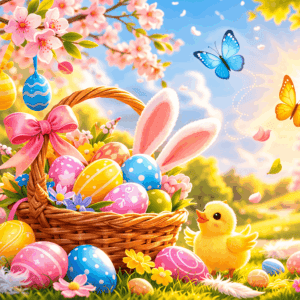 Illustration zu Ostern mit Korb voller Eier, Osterhase, Schmetterlingen und Frühlingsblüten